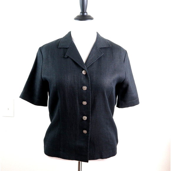 Vintage 1990s Geiger Women's M Linen Loop Collar Button Down Black - Picture 2 of 9